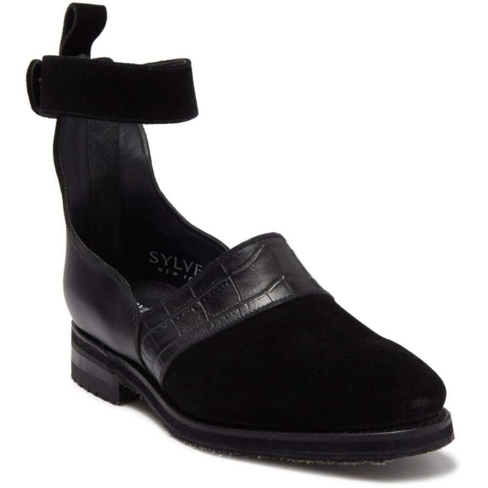 SYLVEN New York Lennox Croc Embossed Ankle Strap SHOES Size 7.5 Black Leather NE - Picture 2 of 10